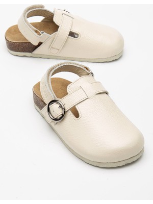 Beybium Sabo Gerçek Deri Mantar Taban Çocuk Sandalet Krem