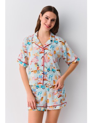 Suwen Feminine Gömlek Yaka Şort Pijama Takımı