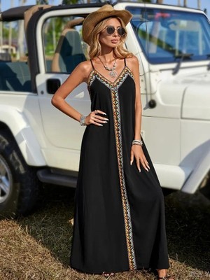 Nidam Butik Kadın Askılı V Yakalı Etnik Şerit Detaylı Uzun Viskon Elbise