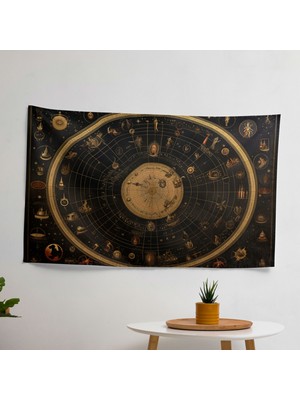 Vintage Burç Duvar Örtüsü - %100 Pamuk Sırt, Polyester Ön - Ranforce Kumaş - Canlı Renkler