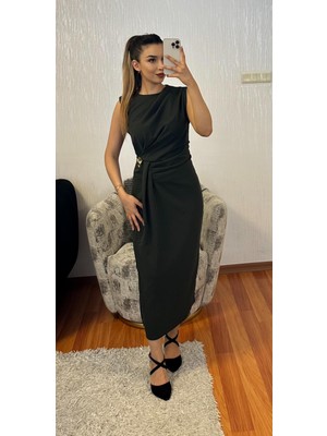 Bel Detaylı Drapeli Midi Boy Kalem Elbise Haki