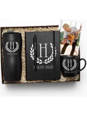 Bk Gift Kişiye Özel Isimli Siyah Termos, 10X15CM Fotoğraf, Kupa, Defter, Tükenmez Kalem Hediye Seti-1 | Babalar Günü Hediyesi, Yeni Iş Hediyesi, Öğretmene Hediye