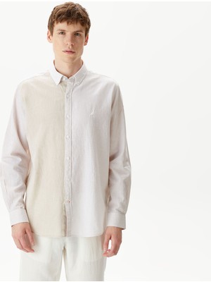 Nautica Erkek Kırık Beyaz Classic Fit Uzun Kollu Renk Bloklu Gömlek