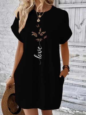 Aisha Elbise Kadın Kısa Kollu Bisiklet Yaka Cepli Kelebek Baskılı Viskon Elbise