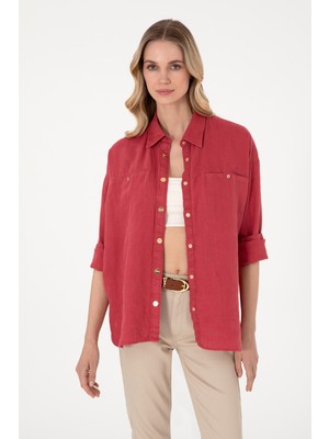 U.S. Polo Assn. Kadın Vişne Uzun Kollu Keten Tunik Gömlek 50305939-VR223