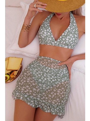 Bella Notte Kadın 3 Parça Yeşil Papatya Desenli Pareolu Bikini Takımı Şık Tasarım