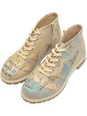 Kadın Vegan Deri Bej Fermuarlı Kısa Bot - Around The World Tasarım