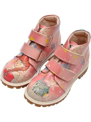 Çocuk Vegan Deri Pembe Günlük Bot - Fire Girl On Snow Tasarım