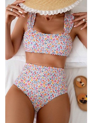 Bella Notte Minimalist Çiçek Desenli Yüksek Bel Kaplı Kadın Bikini Takımı Rahat ve Şık