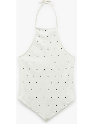 Koton Taş Detaylı Slim Fit Asimetrik Boyundan Bağlamalı Kolsuz Halter Yaka Bluz