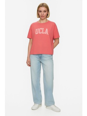 Ucla EVERLEE Sıcak Pembe Bisiklet Yaka Taş Yıkama Baskılı %100 Pamuk Loose Fit Kadın Tshirt