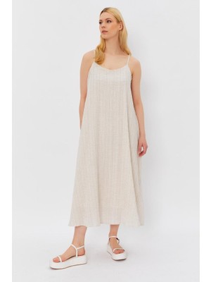 Gökyüzü Moda Askılı Uzun Çan Elbise - Natür