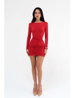 Uzun Kollu Eteği Büzgülü Sandy Kırmızı Mini Elbise