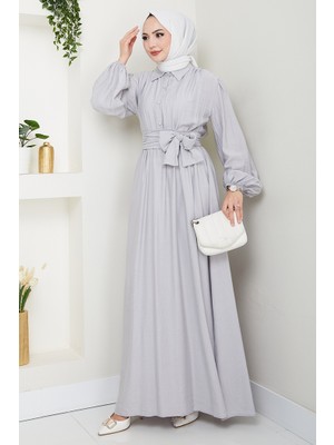 İlkimay.com Alser Kuşaklı Elbise 1468 - Gri
