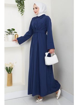 İlkimay.com Renda Belden Bağlamalı Elbise 1467 - Lacivert
