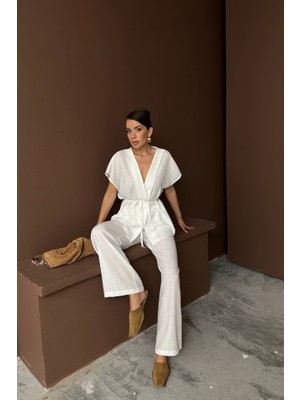 Gökyüzü Moda Keten V Yaka Belden Bağlamalı Bluz-Pantolon Takım - Beyaz