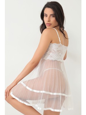 Beyaz Şifon Pileli GECELIK-835