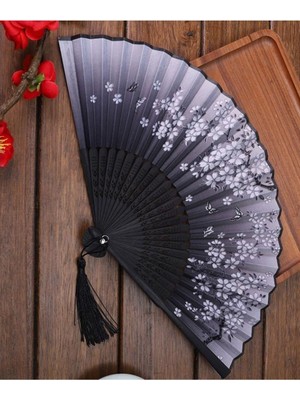 BERG - Bambu ve Kumaş Özel Hediye Kutusu ile Siyah Gri Çiçek Desenli Şık Hediyelik Yelpaze