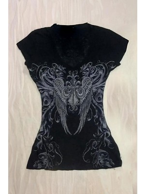 Siyah Vintage Gotik Wing Kısa Y2K Kollu Crop