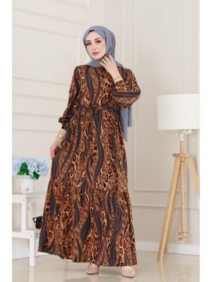 Leopar Desenli Beli Tünelli Viscon Elbise-Gri