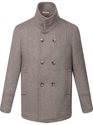 Kahverengi Slim Fit Kruvaze Yünlü Kaşe Kaban