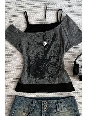 Köstebek Antrasit Vintage Guitar Açık Yaka Gotik Y2K Ek Askılı Crop