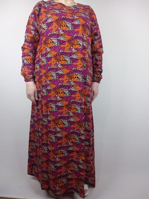 Kadın Portakal Beşgen Yaka Uzun Kollu Kol Bilek Lastikli Yazlık Viskon Uzun Anne Elbise 2 cm Suya Çeker