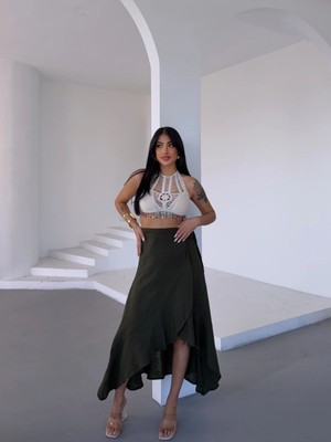 Kadım Haki Belden Bağlamalı Asimetrik Müslin Etek HZL25S-DSB117801