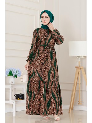 Leopar Desenli Beli Tünelli Viscon Elbise-Yeşil