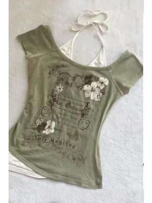 Haki Nuit Magique Madonna Yaka Ek Askılı Gotik Y2K Kısa Kollu Full Body Crop