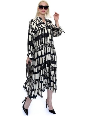 Ekru Uzun Kollu Düğmeli Desenli Elbise MG2430