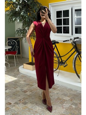 Bordo Yırtmaç Detaylı Kruvaze Yaka Kadın Elbise MG2417