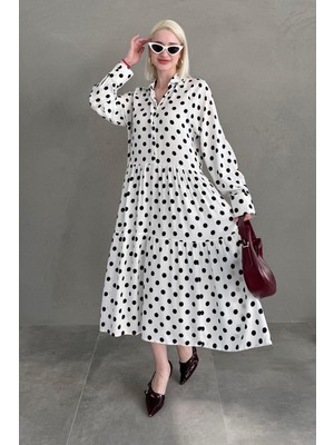 Beyaz Uzun Kollu Düğmeli Desenli Elbise MG2430