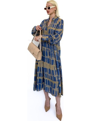 Indigo Uzun Kollu Düğmeli Desenli Elbise MG2430