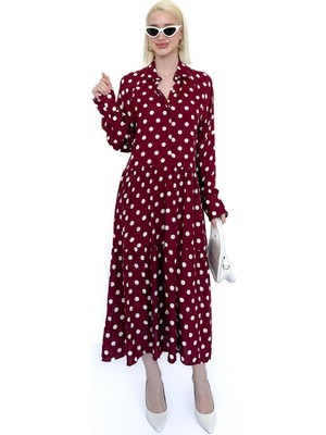 Bordo Uzun Kollu Düğmeli Desenli Elbise MG2430
