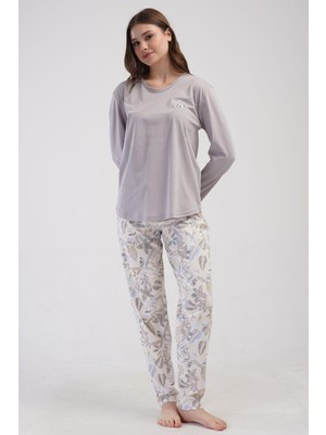 Kadın Büyük Beden Uzun Kol Gri Pijama Takımı C6T1N0O014