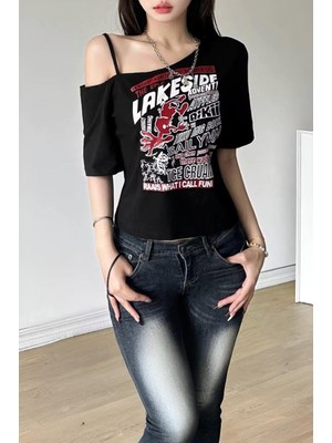 Köstebek Siyah Lakeside Omuz Dekolteli Askılı Y2K Kısa Kollu Crop