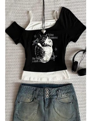 Siyah Balance Cat Our Love Is Ek Askılı Kısa Kollu Gotik Y2K Full Body Crop
