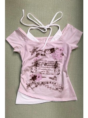 Pembe Nuit Magique Madonna Yaka Ek Askılı Gotik Y2K Kısa Kollu Full Body Crop