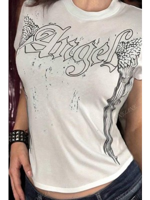 Beyaz Angel Wings Gotik Y2K Kısa Kollu Crop