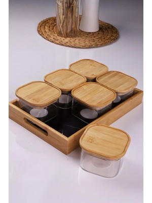 Duo 400ML 6'lı Bambu Siyah Mermer Desen Tepsili Bambu Vakumlu Kapaklı Cam Kahvaltılık