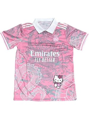 Pembe Kitty Madrid Dragon Jersey Beyaz Düğmeli Yaka T-Shirt