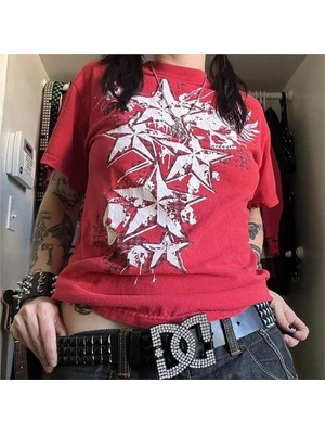 Köstebek Kırmızı Cyber Grunge Vintage Star T-Shirt Kadın Uzun Kol Pamuk Karışımlı Orta Kalınlık