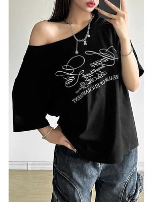 Siyah Swan Lake Salaş Omuz Dekolteli T-Shirt