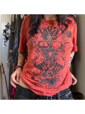 Kırmızı Vintage Fox Rider Cyber Grunge Unisex T-Shirt