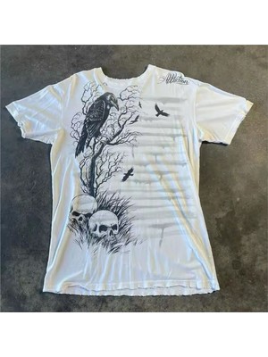 Beyaz Gothic Crow Skulls Cyber Grunge Unisex T-Shirt
