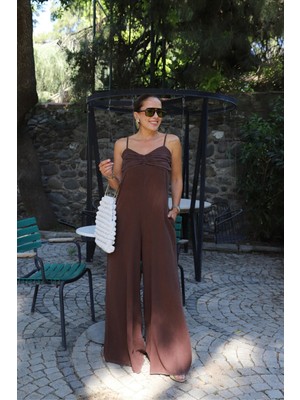 Kahve Göğüs Drape Detay Askılı Tulum