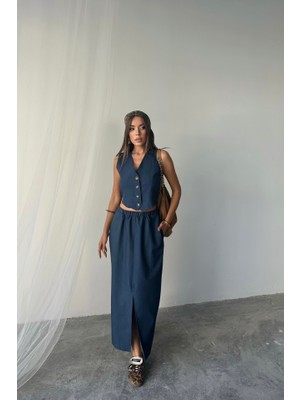 Gökyüzü Moda Tencel Yelek - Yırtmaçlı Etek Takım - Indigo