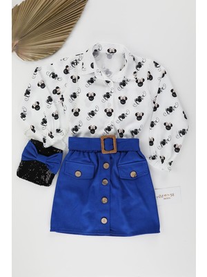 Mickey Desenli Beyaz Gömlek-Kot Etek Inci Detay Çantalı Takım