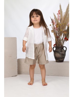 Özşe Moda Unisex Vizon Şort Beyaz Body Gömlek 3'lü Takım